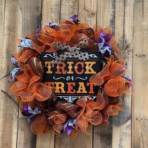 Halloween Wreath, orange and black door wreath.
